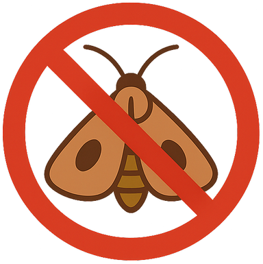 ByeByeMoths logo - A moth with a crossed-out circle representing clothing moth control and prevention